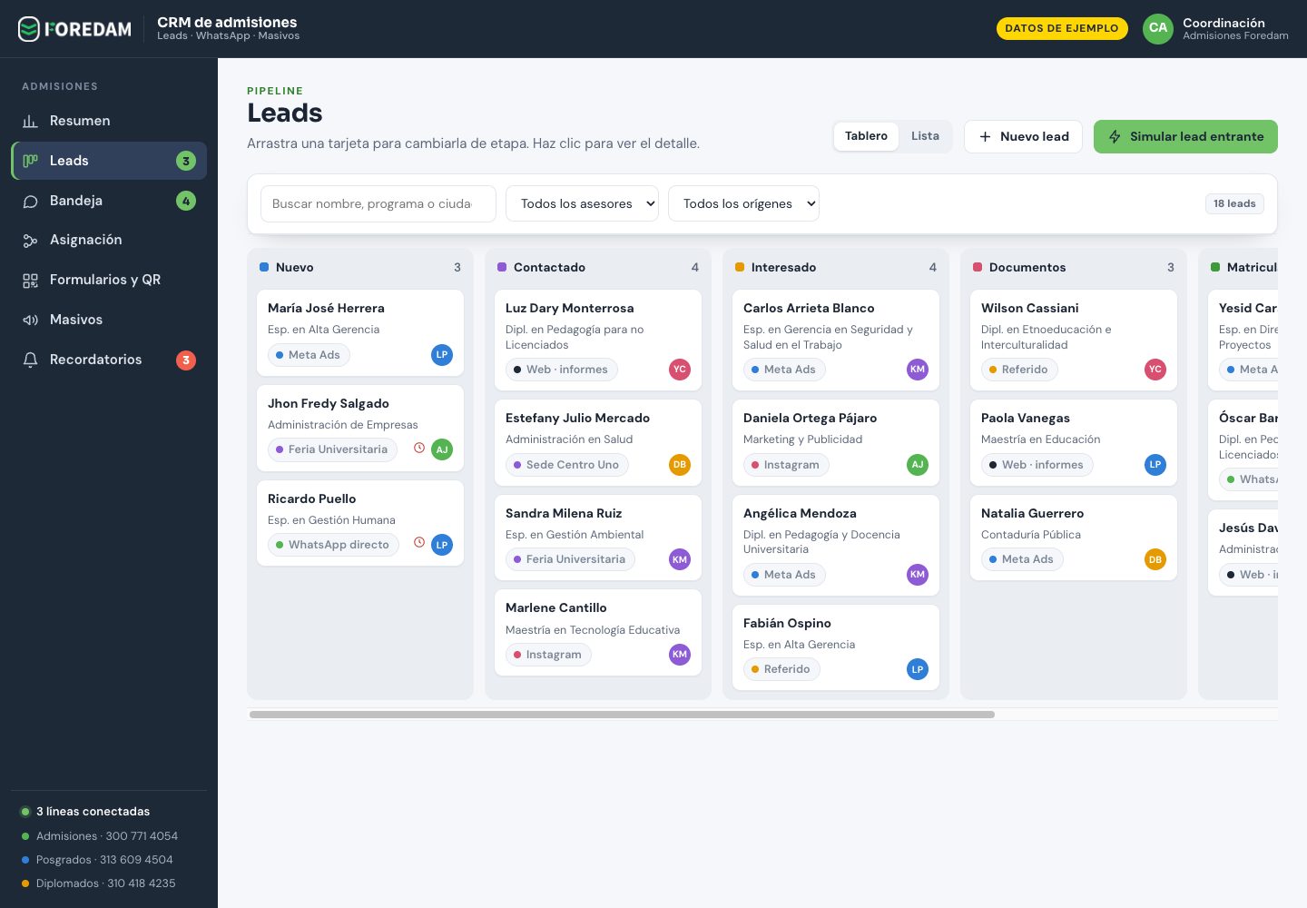 Tablero de leads por etapa: nuevo, contactado, interesado, documentos y matriculado